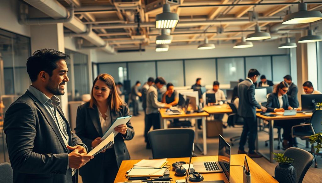 A bustling office scene showcasing a variety of professionals in a Umalis Group portage salarial setting. In the foreground, a confident consultant meets with a client, their discussion punctuated by an array of digital devices and documents. In the middle ground, software developers collaborate at standing desks, their brows furrowed in concentration. The background reveals an open-plan layout, with accountants and marketing specialists immersed in their tasks, surrounded by a modern, minimalist decor. Warm, directional lighting casts a professional atmosphere, while a wide-angle lens captures the dynamic energy of this versatile work environment.