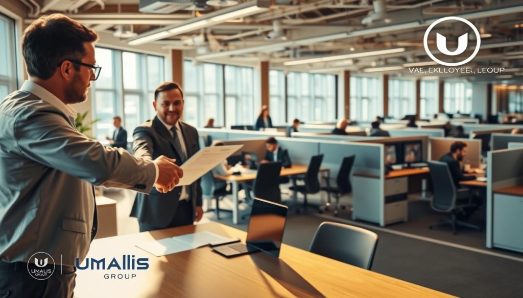 A bustling office scene, showcasing concrete examples of Umalis Group's employee leasing solutions. In the foreground, two business professionals shake hands, finalizing a contract. In the middle ground, a team collaborates around a conference table, laptops and documents spread out. The background features an array of cubicles, with employees engaged in various tasks, highlighting the integration of leased talent. Warm, natural lighting filters in through large windows, creating a productive and professional atmosphere. Subtle branding elements, such as the Umalis Group logo, are tastefully incorporated. The overall composition conveys the practical benefits and real-world applications of employee leasing for enterprises.