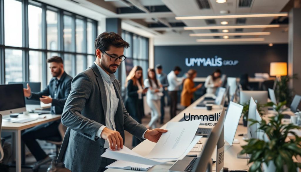 A bustling office scene showcasing the "Umalis Group" brand, capturing the essence of professional adaptability. In the foreground, a dynamic worker moves fluidly between tasks, effortlessly navigating a variety of devices and documents. The middle ground features a diverse team collaborating, embracing change and new challenges. In the background, a sleek, modern workspace with large windows and subtle, warm lighting, exuding a sense of flexibility and innovation. The overall atmosphere conveys a culture of adaptability, where employees are empowered to evolve and thrive in an ever-changing professional landscape.