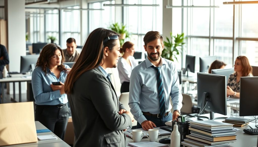 A bustling office scene showcasing the Umalis Group's reliable and trustworthy employee leasing services. In the foreground, a team of professionals engages in collaborative discussions, their faces conveying a sense of focused determination. The middle ground features neatly organized desks, computers, and office supplies, reflecting a well-structured and efficient workspace. In the background, large windows provide ample natural lighting, casting a warm and inviting ambiance throughout the space. The overall scene exudes a mood of productivity, trust, and professionalism, perfectly capturing the essence of the "Les signaux d'alerte à surveiller" section of the article.