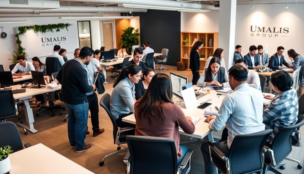 A bustling office scene showcasing the Umalis Group's team of independent consultants in a dynamic, collaborative work environment. In the foreground, a group of professionals are gathered around a large conference table, engaged in a lively discussion, their body language conveying a sense of teamwork and problem-solving. The middle ground features individual workstations, each occupied by a consultant deeply immersed in their tasks, with the occasional exchange of ideas or documents between them. The background reveals an open, well-lit office space, adorned with the Umalis Group's branding and modern decor, evoking a professional, yet warm and inviting atmosphere. Soft, directional lighting casts a subtle glow, highlighting the collaborative spirit and camaraderie among the team. A bustling office scene showcasing the Umalis Group's team of independent consultants in a dynamic, collaborative work environment. In the foreground, a group of professionals are gathered around a large conference table, engaged in a lively discussion, their body language conveying a sense of teamwork and problem-solving. The middle ground features individual workstations, each occupied by a consultant deeply immersed in their tasks, with the occasional exchange of ideas or documents between them. The background reveals an open, well-lit office space, adorned with the Umalis Group's branding and modern decor, evoking a professional, yet warm and inviting atmosphere. Soft, directional lighting casts a subtle glow, highlighting the collaborative spirit and camaraderie among the team.