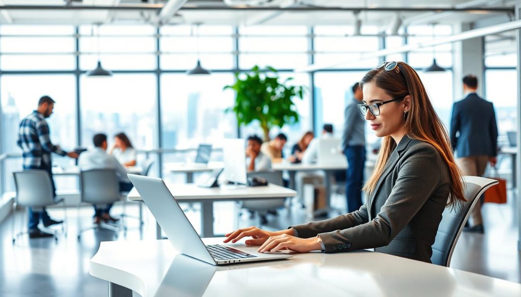 A bustling office scene showcasing the advantages of "LIGHT PORTAGE" freelance portage salarial. In the foreground, a professional freelancer sits at a sleek, minimalist workstation, laptop open and focused, embodying the flexibility and autonomy of this employment model. The middle ground reveals a diverse group of coworkers collaborating in an airy, well-lit open-plan space, highlighting the sense of community and support inherent in portage salarial. The background depicts a panoramic city view, symbolizing the boundless opportunities that this career path can offer. The overall mood is one of efficiency, productivity, and a harmonious work-life balance, inviting the viewer to consider the benefits of "LIGHT PORTAGE" freelance portage salarial.