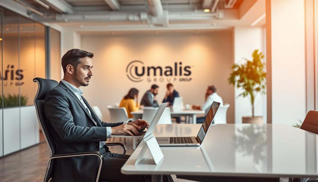 A bustling office scene showcasing the compatibility of salarial portage and multiple activities. In the foreground, a professional dressed in business attire sits at a sleek, modern desk, laptop open and phone in hand, exemplifying the flexibility of salarial portage. In the middle ground, colleagues collaborate around a conference table, discussing projects and ideas. The background depicts the Umalis Group logo, conveying the company's expertise in this domain. Warm, soft lighting fills the space, creating a productive and collaborative atmosphere. The scene captures the essence of salarial portage - the ability to maintain multiple income streams while enjoying the benefits of professional support.