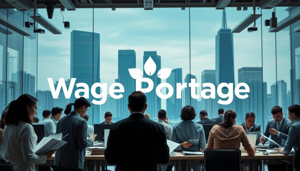 A bustling office scene showcasing the concept of "Wage Portage Social Security". In the foreground, a group of workers diligently reviewing documents and spreadsheets, symbolizing the administrative aspects of wage management. In the middle ground, a large corporate logo or signage represents the financial institution overseeing the wage portage system. The background depicts a cityscape with towering skyscrapers, suggesting the larger economic and regulatory framework that governs this flexible employment arrangement. The lighting is bright and professional, creating a sense of organization and efficiency. The overall mood conveys the importance of this social security mechanism within the modern workforce.