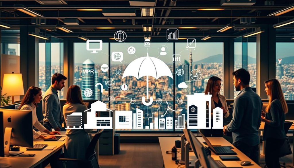 A bustling office scene showcasing the diverse career opportunities in the UMALIS GROUP's professional umbrella service sector. In the foreground, young professionals engage in dynamic discussions, surrounded by sleek workstations and state-of-the-art technology. The middle ground features an array of industry icons representing key growth areas such as IT, marketing, consulting, and finance. The background depicts a panoramic view of a vibrant cityscape, symbolizing the broad reach and potential of the UMALIS GROUP's specialized portage salarial offerings. Warm, yet professional lighting illuminates the scene, conveying a sense of productivity and opportunity. The overall composition inspires a feeling of excitement and potential for young graduates exploring career pathways.