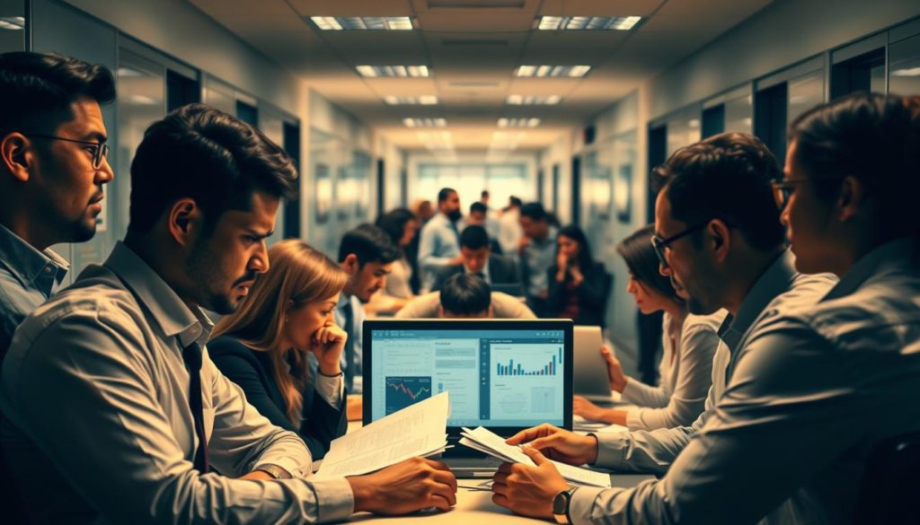 A bustling office scene showcasing the diverse experiences of professionals navigating the Boritage Salarial system. In the foreground, a group of office workers engrossed in discussions, their expressions ranging from contemplation to frustration as they grapple with the intricacies of the social security framework. The middle ground features a team huddled around a computer screen, meticulously analyzing data and documents, while in the background, a steady flow of people move through the hallways, conveying the dynamic nature of the workplace. Soft, diffused lighting casts a warm glow, lending an air of professionalism and diligence to the scene. The overall composition captures the challenges and complexities encountered by these individuals as they navigate the Boritage Salarial system.