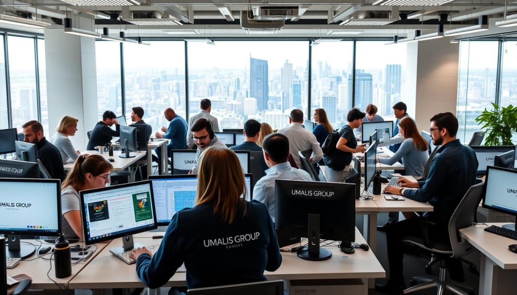 A bustling office scene showcasing the diverse "métiers en portage salarial" (freelance professions in a payroll company). In the foreground, a team of professionals collaborating on digital projects, their workstations adorned with the UMALIS GROUP branding. The middle ground features individuals engaged in various tasks, from marketing strategy to IT support, all within a modern, well-lit workspace. In the background, a panoramic view of a vibrant city skyline, hinting at the wide range of industries and opportunities available through the payroll company's services. The overall atmosphere conveys a dynamic, innovative, and collaborative work environment, perfectly capturing the essence of the "Métiers et secteurs adaptés au portage salarial" section.