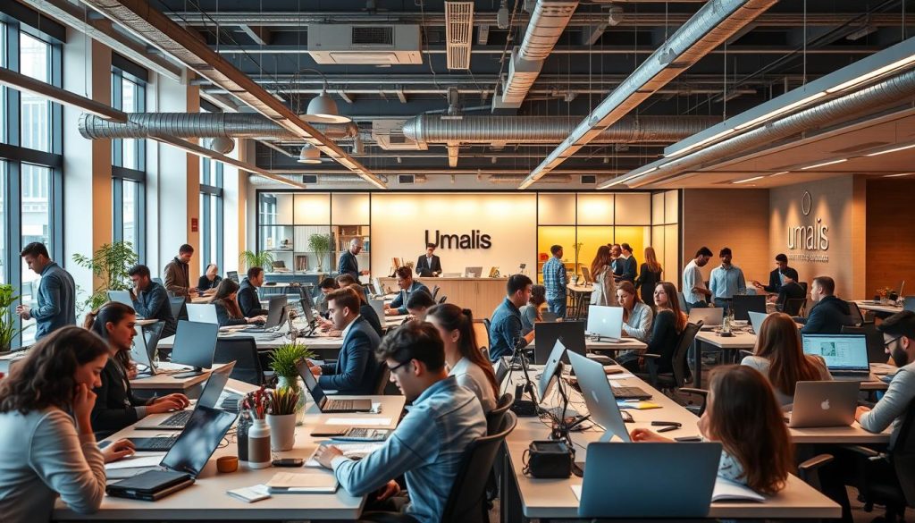 A bustling office scene showcasing the diverse "métiers en portage salarial" offered by Umalis Group. In the foreground, professionals from various industries - IT, marketing, consulting, and more - collaborate at their desks, laptops open and paperwork neatly organized. The middle ground features a mix of private offices and open-concept workspaces, illuminated by warm, natural lighting filtering through large windows. In the background, a sleek reception area and modern company branding create a professional, aspirational atmosphere. The overall mood is one of productivity, opportunity, and the flexibility of the "portage salarial" employment model. A bustling office scene showcasing the diverse "métiers en portage salarial" offered by Umalis Group. In the foreground, professionals from various industries - IT, marketing, consulting, and more - collaborate at their desks, laptops open and paperwork neatly organized. The middle ground features a mix of private offices and open-concept workspaces, illuminated by warm, natural lighting filtering through large windows. In the background, a sleek reception area and modern company branding create a professional, aspirational atmosphere. The overall mood is one of productivity, opportunity, and the flexibility of the "portage salarial" employment model.