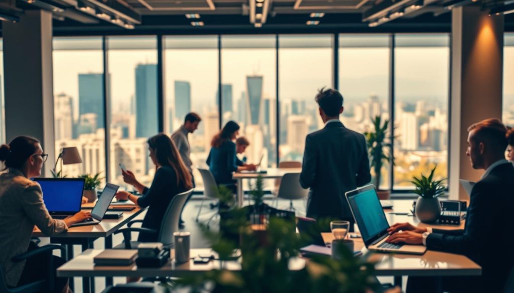 A bustling office scene showcasing the diverse opportunities of salarial portage. In the foreground, young professionals collaborate at modern workstations, laptops and files in hand. The middle ground features a stylish conference room, where a meeting is underway, discussing the latest industry trends. In the background, an inspiring cityscape view through floor-to-ceiling windows, hinting at the global reach of Umalis Group's salarial portage services. Warm, diffused lighting creates a professional yet inviting atmosphere, while a shallow depth of field keeps the focus on the dynamic human activity. Overall, a dynamic and aspirational image that captures the versatility and potential of salarial portage for young careerists.