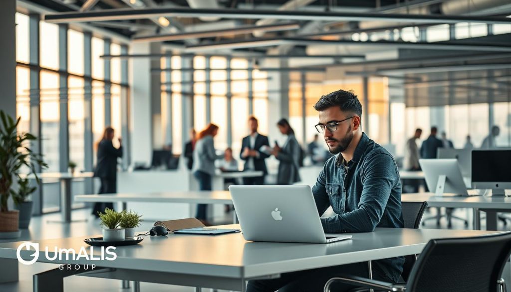 A bustling office scene showcasing the fundamentals of salarial portage, commissioned by Umalis Group. In the foreground, a freelance worker sits at a minimalist desk, laptop open, immersed in their task. The middle ground features fellow coworkers collaborating, discussing project details. The background is filled with sleek, modern architecture, floor-to-ceiling windows letting in warm, natural light. Subtle branding elements, such as the Umalis Group logo, integrate seamlessly into the environment. The overall mood is one of productivity, professionalism, and the flexibility inherent in salarial portage.
