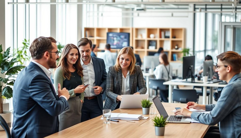 A bustling office scene showcasing the relationship between a client company and a Portage Salarial firm. In the foreground, a group of business professionals engage in a lively discussion around a conference table, their expressions conveying a sense of collaboration and negotiation. The middle ground features administrative staff working diligently at their desks, highlighting the behind-the-scenes support provided by the Portage Salarial service. The background depicts the modern, well-equipped office space, with large windows allowing natural light to flood the room, creating a professional and productive atmosphere. The overall scene conveys the symbiotic partnership between the client company and the Portage Salarial firm, working together to navigate the complexities of French salary management.