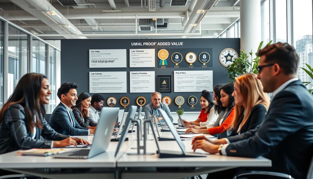 A bustling office scene showcasing the social proof and added value of the Umalis Group's portage salarial service. In the foreground, a diverse team of professionals collaborate at sleek desks, their expressions focused and engaged. The middle ground features a wall display highlighting client testimonials and industry awards, conveying the company's credibility and expertise. In the background, floor-to-ceiling windows flood the space with natural light, creating an airy, professional atmosphere. The overall scene projects an image of a thriving, reputable organization that delivers exceptional value to its clients.