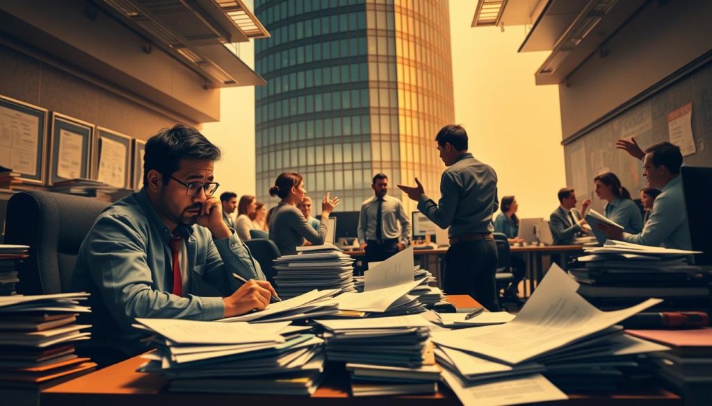 A bustling office scene, where employees grapple with the complexities of the Umalis Group's "portage salarial" system. In the foreground, a troubled worker sits at a cluttered desk, surrounded by stacks of paperwork and a furrowed brow. The middle ground features colleagues engaged in heated discussions, gesturing animatedly as they navigate the bureaucratic maze. In the background, an imposing corporate facade looms, casting a shadow of uncertainty over the scene. Warm, muted tones evoke a sense of unease, while the angles and composition convey the weight of the "inconvénients" faced by those within the "portage salarial" framework.