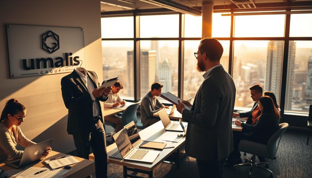 A bustling office scene with a Umalis Group logo prominently displayed on the wall. In the foreground, a confident transition manager stands, clipboard in hand, gesturing animatedly as they lead a team discussion. The middle ground is filled with colleagues engaged in collaborative work, laptops open and papers strewn across desks. The background features large windows overlooking a dynamic cityscape, bathed in warm, directional lighting that casts dramatic shadows. The overall atmosphere conveys a sense of professionalism, strategic planning, and adaptability - qualities essential for effective transition management. A bustling office scene with a Umalis Group logo prominently displayed on the wall. In the foreground, a confident transition manager stands, clipboard in hand, gesturing animatedly as they lead a team discussion. The middle ground is filled with colleagues engaged in collaborative work, laptops open and papers strewn across desks. The background features large windows overlooking a dynamic cityscape, bathed in warm, directional lighting that casts dramatic shadows. The overall atmosphere conveys a sense of professionalism, strategic planning, and adaptability - qualities essential for effective transition management.