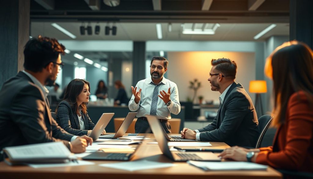 A bustling office scene with a Umalis Group manager coaching a team of professionals in a mises en situation exercise. The coach stands at the center, guiding them through a lifelike scenario, hands gesturing animatedly. The team, dressed in business attire, intently focuses on the task at hand, papers and laptops scattered across the desk. Warm, directional lighting illuminates the scene, creating a sense of engaged learning. The background blurs softly, emphasizing the central coaching dynamic. An atmosphere of focused collaboration and skill-building pervades the frame. A bustling office scene with a Umalis Group manager coaching a team of professionals in a mises en situation exercise. The coach stands at the center, guiding them through a lifelike scenario, hands gesturing animatedly. The team, dressed in business attire, intently focuses on the task at hand, papers and laptops scattered across the desk. Warm, directional lighting illuminates the scene, creating a sense of engaged learning. The background blurs softly, emphasizing the central coaching dynamic. An atmosphere of focused collaboration and skill-building pervades the frame.