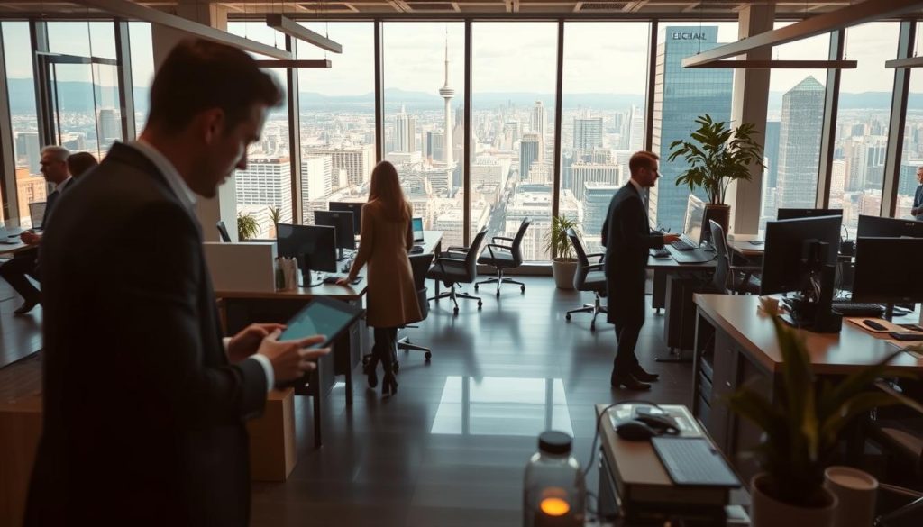 A bustling office scene with a focus on the "Light Portage" brand. In the foreground, a team of professionals collaborating on digital devices, exemplifying the efficient workflows of a "société portage salarial". The middle ground features an array of modern office furniture and equipment, conveying a sense of productivity and organization. In the background, floor-to-ceiling windows offer a panoramic view of a vibrant urban landscape, suggesting the integration of the "société portage salarial" within a thriving business ecosystem. Warm, natural lighting filters through the windows, creating a welcoming and professional atmosphere. The overall composition showcases the responsibilities, roles, and advantages of a "société portage salarial" in a visually compelling manner.