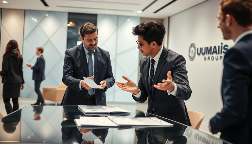 A bustling office scene with a professional consultant engaged in a strategic discussion with a client, showcasing the services of UMALIS GROUP's specialized staffing solutions. The foreground features the consultant, dressed in a sharp suit, gesturing animatedly as they review documents on a sleek glass table. The middle ground reveals a modern, minimalist workspace with geometric patterns and clean lines, creating an atmosphere of efficiency and productivity. The background subtly hints at the broader UMALIS GROUP brand, with their logo discreetly displayed on the wall, conveying a sense of authority and expertise in the field of professional portage salarial.