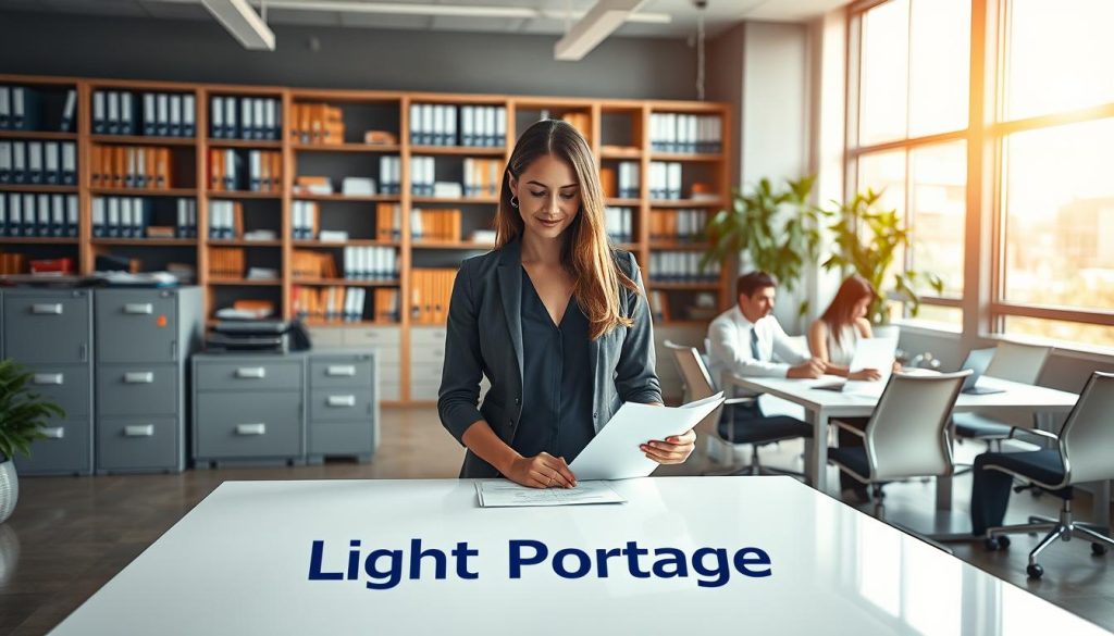 A bustling office scene with a serene, sun-lit backdrop. In the foreground, a professional-looking woman stands before a sleek, modern desk, reviewing documents with a thoughtful expression. The "Light Portage" brand logo is prominently displayed on the desk. Behind her, an array of filing cabinets and bookshelves convey an atmosphere of organization and expertise. The middle ground features a team of colleagues collaborating at a conference table, reflecting the collaborative nature of the portage salarial service. In the background, large windows allow natural light to flood the space, creating a warm and inviting ambiance. The overall scene conveys a sense of professionalism, transparency, and a commitment to guiding clients through the portage salarial process.