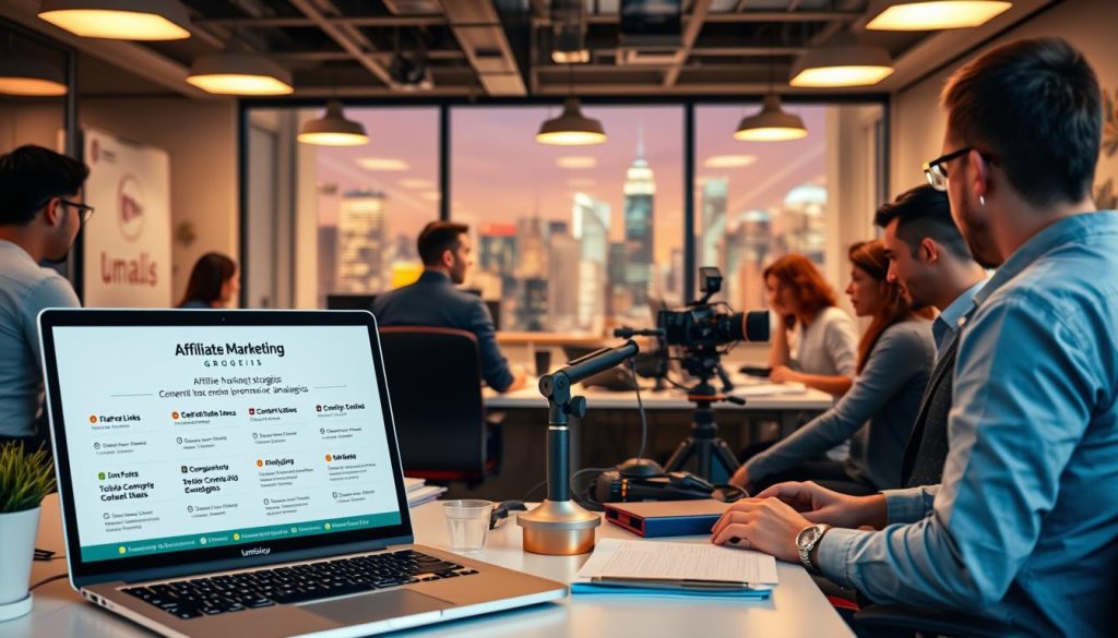 A bustling office scene with a stylized Umalis Group logo prominently displayed on the wall. In the foreground, a laptop screen showcases affiliate marketing strategies, such as referral links, commission structures, and performance analytics. Diverse team members collaborate at their desks, brainstorming content ideas and optimizing campaign plans. The middle ground features a content creation station with a camera, microphone, and various productivity tools. The background showcases a vibrant city skyline, conveying a sense of hustle and opportunity. Warm lighting creates a professional, yet energetic atmosphere, capturing the essence of content monetization and passive income generation.