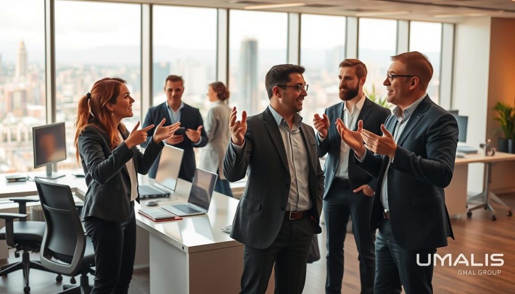 A bustling office scene with a team of IT consultants engaged in lively discussions. In the foreground, three consultants gesticulate animatedly, their expressions conveying the challenges and triumphs of their work. The middle ground features a sleek, modern workspace with ergonomic chairs and standing desks, suggesting a focus on productivity and comfort. In the background, a large window offers a panoramic view of a vibrant city skyline, hinting at the broader scope of the consultants' projects. Warm lighting and a touch of UMALIS GROUP branding create an atmosphere of professionalism and camaraderie.