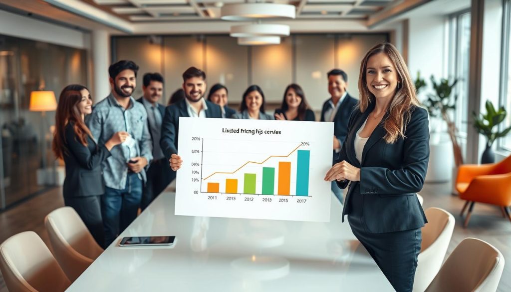 A bustling office scene with a team of professionals enthusiastically collaborating around a large table, their faces beaming with satisfaction. In the foreground, a well-dressed businesswoman stands, presenting a chart highlighting the financial success of their "Light Portage" fixed pricing model. Soft, warm lighting casts a professional glow, while the background features a sleek, modern interior design with stylish furniture and vibrant pops of color. The overall atmosphere conveys a sense of achievement, efficiency, and confidence in their fixed pricing strategy.