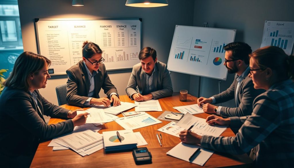 A bustling office scene with a team of professionals examining financial documents and charts, analyzing the "Light Portage" client's budget and exploring strategic pricing options. Soft, warm lighting illuminates the room, highlighting the concentration on their faces as they collaborate around a large wooden table. In the background, a wall-mounted whiteboard displays budgetary targets and projected revenue streams. The atmosphere conveys a sense of strategic planning and problem-solving, capturing the essence of "Mastering Freelance Project Pricing Strategies".