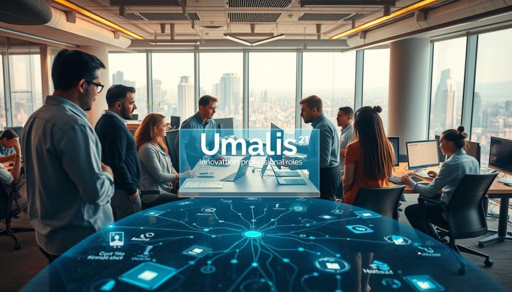 A bustling office scene, with a team of professionals gathered around a table, engaged in an animated discussion. In the foreground, a holographic projection showcases the latest Umalis Group AI innovations, casting a soft glow across the room. The middle ground features a mix of traditional and cutting-edge workstations, where employees navigate seamlessly between physical and digital tasks. In the background, a panoramic window offers a glimpse of a futuristic cityscape, reflecting the transformative impact of AI on the evolving professional landscape. Warm lighting and a sense of collaboration and exploration permeate the atmosphere, capturing the essence of "AI and Innovation: Reshaping Professional Roles".