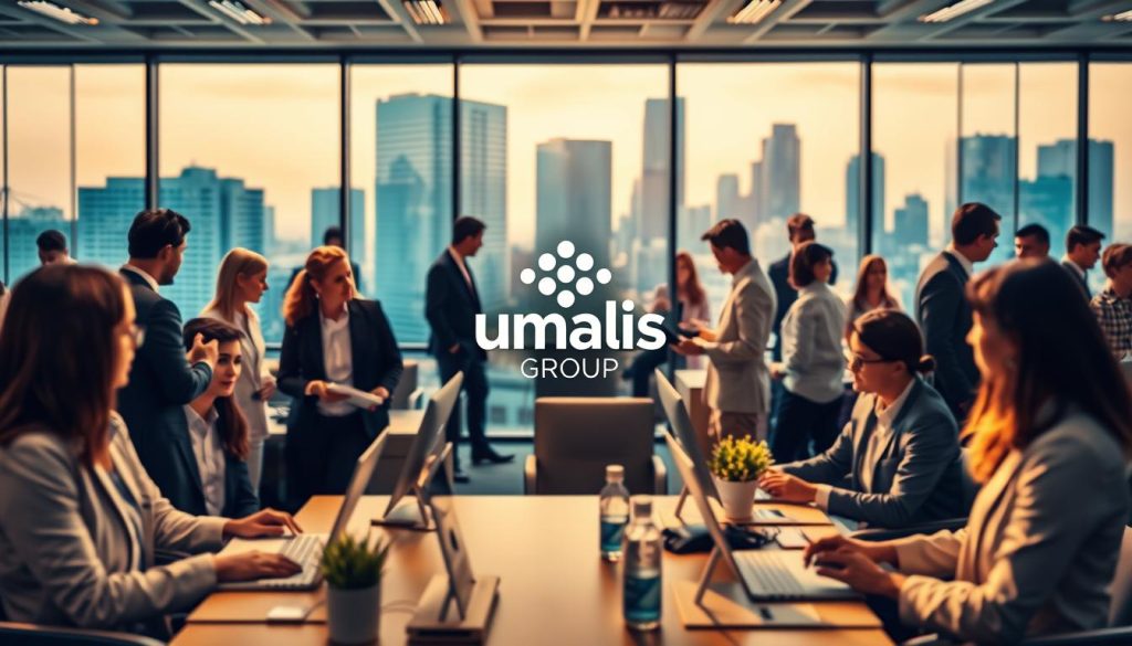A bustling office scene with a variety of professionals engaged in diverse business activities. In the foreground, a group of individuals from different industries, such as healthcare, technology, and finance, are collaborating on projects, exchanging ideas, and discussing new strategies. In the middle ground, a Umalis Group logo is prominently displayed, representing the company's role in supporting independent professionals through their flexible employment solutions. The background features a vibrant cityscape with modern architecture, reflecting the dynamic and forward-thinking nature of the business landscape. The lighting is warm and inviting, creating a sense of productivity and professionalism. The overall composition conveys the versatility and adaptability of the "secteur d'activité" or business sectors that can benefit from the Umalis Group's portage salarial services.