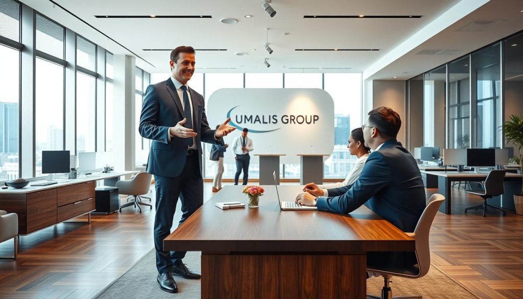 A bustling office scene, with a well-lit airy workspace featuring sleek modern furniture and minimalist decor. In the foreground, a confident consultant clad in a crisp suit stands, gesturing animatedly as they discuss options with a client seated across an elegant wooden table. The middle ground showcases a team of professionals collaborating at standing desks, the Umalis Group logo prominently displayed. The background reveals floor-to-ceiling windows overlooking a vibrant cityscape, bathed in warm, directional lighting that creates a sense of energy and opportunity. The overall atmosphere conveys a balanced, "win-win" dynamic between the consultant, their client, and the supportive Umalis Group environment.