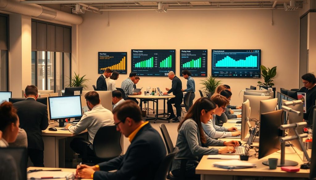 A bustling office scene, with employees diligently working at their desks. In the foreground, a group of workers engrossed in their tasks, some typing on computers, others poring over documents. The middle ground features a team collaborating around a conference table, engaged in a lively discussion. In the background, a wall-mounted display showcases key performance metrics, illuminating the company's efficiency and productivity. Warm, ambient lighting casts a professional and focused atmosphere, while clean, modern furniture and minimalist decor create a sleek, streamlined environment. This image captures the essence of a salaried work setting, where employees are fully immersed in their duties, driving organizational success.
