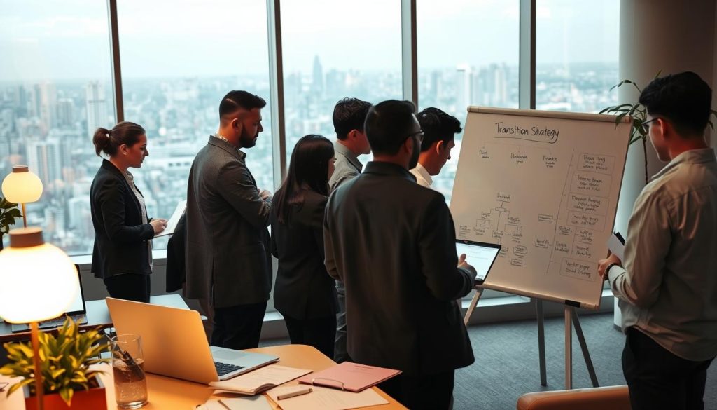 A bustling office scene, with employees of the Umalis Group collaborating on a transition strategy. In the foreground, a team gathers around a large whiteboard, brainstorming ideas and sketching out a roadmap. The middle ground features individuals engrossed in laptops and documents, their faces illuminated by the soft glow of the screens. In the background, a panoramic view of the city skyline, conveying a sense of progress and transformation. Warm lighting casts a subtle, professional atmosphere, with clean lines and modern furniture complementing the organized workspace. The overall mood is one of focused determination, as the Umalis Group navigates this crucial organizational transition.