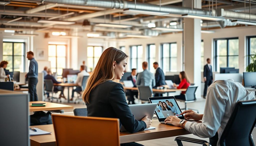 A bustling office scene with professionals engaged in diverse work arrangements. In the foreground, a woman in business attire sits at a desk, collaborating on a laptop with a remote team member visible on a tablet screen. In the middle ground, a group of coworkers gather around a conference table, discussing projects. The background features an open-concept workspace with various workstations, cubicles, and shared amenities, conveying a dynamic, flexible work environment. Warm, natural lighting filters through large windows, creating a productive and collaborative atmosphere. The image should reflect the adaptability and versatility of the "portage salarial" concept, catering to a range of professional profiles.