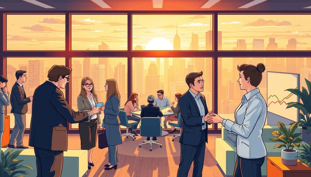 A bustling office scene with professionals engaged in dynamic networking. In the foreground, two colleagues shake hands and exchange business cards under warm, directional lighting, conveying a sense of connection and collaboration. In the middle ground, small groups gather around a conference table, deep in discussion, surrounded by sleek, modern furniture and decor. The background features a large window overlooking a vibrant city skyline, bathed in the soft glow of a golden-hour sunset, creating an atmosphere of opportunity and growth. The overall mood is one of productive, purposeful interaction, reflecting the strategies and tips for effective networking.
