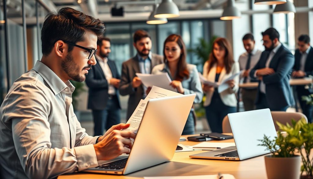 A bustling office scene with professionals engaged in various portage salarial payment models. In the foreground, a freelance consultant reviews financial documents on a sleek laptop, surrounded by a modern and minimalist workspace. In the middle ground, an entrepreneur pitches to a panel of investors, their animated gestures illuminated by warm, directional lighting. In the background, a team of salaried employees collaborates on a project, their focused expressions captured in a shallow depth of field. The overall atmosphere conveys a sense of productivity, innovation, and the diverse payment structures that exist within the French professional landscape.