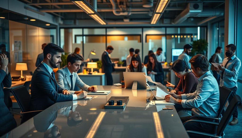 A bustling office scene with professionals engaged in various tasks, representing the diverse range of careers eligible for portage salarial. In the foreground, a team of consultants collaborating at a sleek conference table, illuminated by warm, directional lighting. In the middle ground, a graphic designer meticulously crafting a presentation, while an accountant reviews financial documents nearby. In the background, a software engineer debugging code and a marketing specialist brainstorming campaign ideas. The atmosphere conveys a sense of productivity, innovation, and the versatility of careers that can thrive under the portage salarial model.