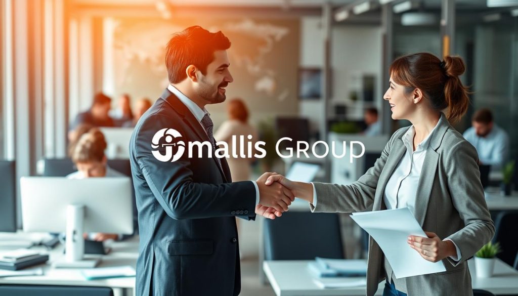 A bustling office scene with professionals in business attire, conveying the concepts of "détachement expatriation portage salarial". In the foreground, a man and woman shake hands, signifying a partnership or contract. Behind them, colleagues review documents and discuss at their desks, illuminated by warm, natural lighting. In the background, the Umalis Group logo is prominently displayed, reflecting the brand's expertise in international contracting and remote workforce management. The overall atmosphere is one of productivity, collaboration, and a global, professional mindset.