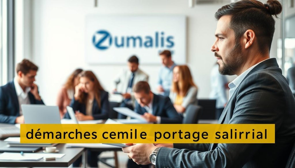 A bustling office scene, with professionals in business attire engaged in various tasks. In the foreground, a person is seated at a desk, reviewing documents and making notes, representing the concrete steps involved in the "portage salarial" process. In the middle ground, colleagues collaborate on a project, showcasing the collaborative nature of this employment model. In the background, the Umalis Group logo is prominently displayed, reflecting the key role of this organization in facilitating the "portage salarial" arrangements. The lighting is natural, capturing a sense of professionalism and productivity. The overall mood is one of efficiency and progress, capturing the essence of the "démarches concrètes portage salarial" section of the article.