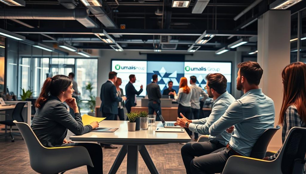 A bustling office scene, with professionals in smart casual attire engaged in lively discussions and collaborative work. In the foreground, three individuals sit around a modern, minimalist table, deep in conversation. The middle ground features a group of coworkers gathered around a large screen, gesticulating animatedly. In the background, a sleek, open-plan workspace with Umalis Group branding can be seen, illuminated by warm, natural lighting filtering in through large windows. The atmosphere conveys a sense of productivity, innovation, and a dynamic, professional work environment. A bustling office scene, with professionals in smart casual attire engaged in lively discussions and collaborative work. In the foreground, three individuals sit around a modern, minimalist table, deep in conversation. The middle ground features a group of coworkers gathered around a large screen, gesticulating animatedly. In the background, a sleek, open-plan workspace with Umalis Group branding can be seen, illuminated by warm, natural lighting filtering in through large windows. The atmosphere conveys a sense of productivity, innovation, and a dynamic, professional work environment.