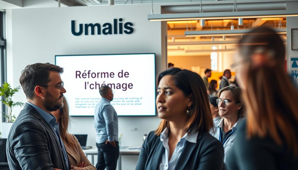 A bustling office scene, with the Umalis Group logo prominently displayed on the wall. In the foreground, a group of professionals engaged in discussion, their expressions conveying a sense of concern and contemplation. The middle ground features a large display screen showcasing the "Réforme de l'assurance chômage" topic, illuminated by the warm, natural lighting filtering through the windows. The background captures the dynamic energy of the workspace, with employees collaborating and navigating the complexities of the evolving employment landscape. The overall atmosphere evokes a mood of professional determination and a shared commitment to understanding the impact of the unemployment insurance reform on the Umalis Group's salaried employees.