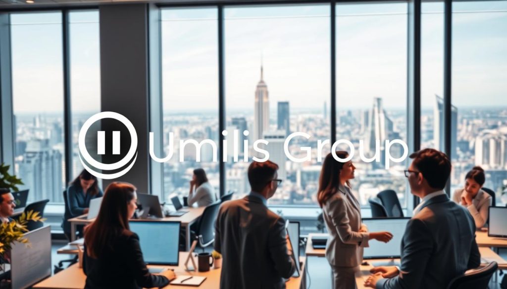 A bustling office scene with the Umalis Group logo prominently displayed. In the foreground, a team of professionals engaged in a lively discussion, conveying the practical application of the consultancy's salarial portage services. The middle ground features a mix of modern workstations and collaborative spaces, bathed in warm, inviting lighting. In the background, a panoramic view of a thriving city skyline, representing the secure and supportive environment the Umalis Group provides for its clients. The overall atmosphere exudes a sense of professionalism, efficiency, and the successful integration of salarial portage within the enterprise.