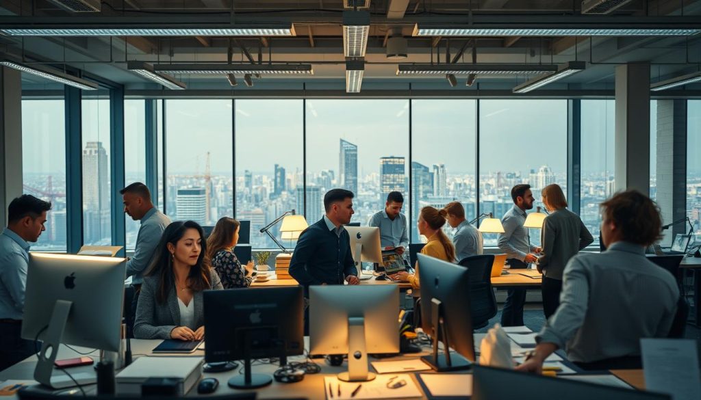 A bustling office setting, captured through a wide-angle lens that reveals the dynamic energy of the "Umalis Group" workspace. In the foreground, a team of professionals engrossed in animated discussions, their faces illuminated by the warm glow of desk lamps. The middle ground showcases a variety of office equipment and stationery, hinting at the administrative tasks that support the company's operations. In the background, floor-to-ceiling windows offer a panoramic view of a vibrant cityscape, symbolizing the broader business landscape in which the "Umalis Group" operates. The overall atmosphere conveys a sense of productivity, collaboration, and the inherent risks and challenges associated with the "portage salarial" model.