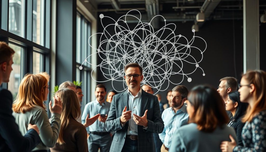A bustling office setting, flooded with natural light from large windows. In the foreground, a team of diverse professionals engaged in animated discussions, gesturing with purpose as they navigate the challenges of organizational change. The middle ground features a central figure, a poised manager from the Umalis Group, guiding the group with a calm yet decisive demeanor. In the background, a visually striking representation of the "Gestion du Changement" concept - a tangled web of interconnected pathways, symbolizing the complexities and uncertainties inherent in times of transition. The overall atmosphere conveys a sense of dynamism, resilience, and a steadfast commitment to adapting to the evolving landscape. A bustling office setting, flooded with natural light from large windows. In the foreground, a team of diverse professionals engaged in animated discussions, gesturing with purpose as they navigate the challenges of organizational change. The middle ground features a central figure, a poised manager from the Umalis Group, guiding the group with a calm yet decisive demeanor. In the background, a visually striking representation of the "Gestion du Changement" concept - a tangled web of interconnected pathways, symbolizing the complexities and uncertainties inherent in times of transition. The overall atmosphere conveys a sense of dynamism, resilience, and a steadfast commitment to adapting to the evolving landscape.