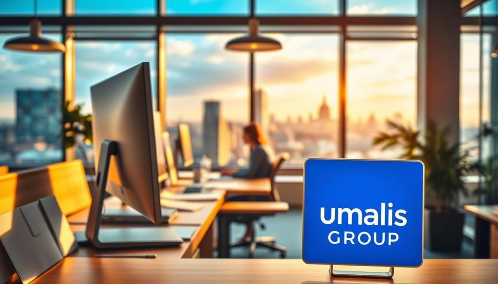 A bustling office setting, illuminated by warm, natural light filtering through large windows. In the foreground, a desk with a computer, papers, and the Umalis Group logo prominently displayed. In the middle ground, a person sitting at the desk, focused on their work, representing the daily activities of social protection. The background showcases a vibrant city skyline, symbolizing the broader context of French social welfare. The scene conveys a sense of productivity, security, and the integration of social benefits into the everyday lives of the French people.
