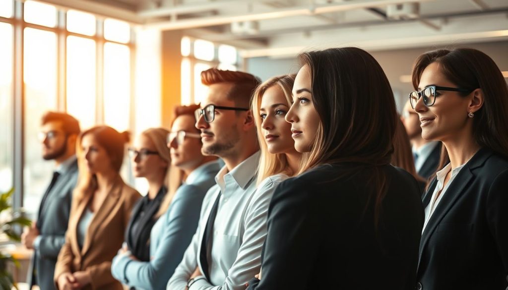 A bustling office setting, illuminated by warm, natural light filtering through large windows. In the foreground, a diverse group of professionals in various stages of their careers, their profiles captured in an artistic, yet realistic style. They are dressed in a mix of formal and casual attire, reflecting the diversity of the "Umalis Group" workforce. The middle ground showcases their focused expressions, hinting at their dedication and the challenges they navigate as part of the thriving portage salarial industry in France. In the background, a sleek, modern office environment with minimalist decor provides a refined backdrop, complementing the professionalism of the figures. The overall atmosphere conveys a sense of productivity, progress, and the evolving nature of the French labor market. A bustling office setting, illuminated by warm, natural light filtering through large windows. In the foreground, a diverse group of professionals in various stages of their careers, their profiles captured in an artistic, yet realistic style. They are dressed in a mix of formal and casual attire, reflecting the diversity of the "Umalis Group" workforce. The middle ground showcases their focused expressions, hinting at their dedication and the challenges they navigate as part of the thriving portage salarial industry in France. In the background, a sleek, modern office environment with minimalist decor provides a refined backdrop, complementing the professionalism of the figures. The overall atmosphere conveys a sense of productivity, progress, and the evolving nature of the French labor market.