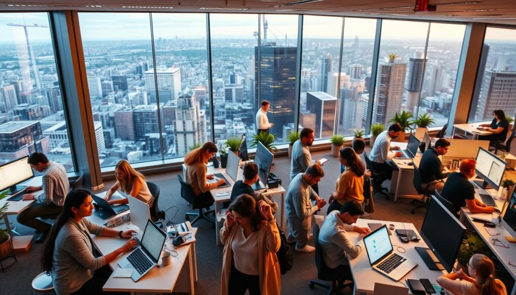 A bustling office setting, showcasing the diverse range of professional sectors compatible with the UMALIS GROUP's salarial portage services. In the foreground, a team of dynamic individuals engaged in various tasks, representing the versatility of the salarial portage model. The middle ground features a mix of workstations, collaborative spaces, and technological equipment, conveying the adaptability of this employment solution. The background boasts a panoramic view of a thriving cityscape, symbolizing the wide-ranging opportunities available through the UMALIS GROUP's salarial portage approach. Soft, warm lighting illuminates the scene, creating a welcoming and productive atmosphere. Captured through a wide-angle lens, the image showcases the comprehensive nature of the salarial portage ecosystem.