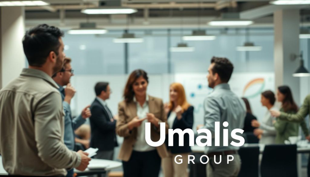 A bustling office setting, where the Umalis Group logo prominently stands out. The foreground depicts a team of professionals engaged in a lively discussion, their gestures and expressions conveying the essence of successful communication during a period of change. The middle ground showcases various visual aids, such as whiteboards and presentation materials, highlighting the strategic planning involved. In the background, a softly lit and modern workspace creates a sense of progress and forward momentum. The overall scene radiates a atmosphere of collaboration, problem-solving, and a shared vision for a successful change management initiative.