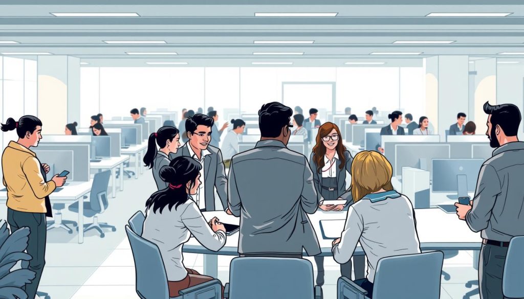 A bustling office setting, with Umalis Group employees working together in a well-lit, modern space. In the foreground, a team huddles around a table, engaged in a lively discussion, their body language exuding trust and collaboration. In the middle ground, colleagues exchange ideas, their faces alight with enthusiasm. The background is filled with sleek, minimalist workstations, creating a sense of focus and productivity. Soft, diffused lighting casts a warm, welcoming glow, and the overall atmosphere is one of openness, transparency, and a shared sense of purpose.