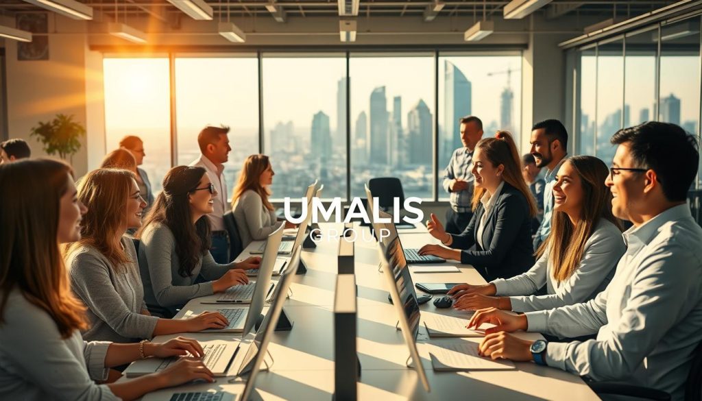 A bustling office setting with diverse team members collaborating at modern workstations. Warm, natural lighting floods the space, creating a vibrant and productive atmosphere. Customers of varying ages and backgrounds converse animatedly with Umalis Group representatives, discussing business solutions and sharing positive experiences. The middle ground features Umalis Group's branding and logo prominently displayed, conveying a sense of trust and reliability. In the background, a cityscape with towering buildings and a clear sky suggests the company's global reach and successful track record. The overall scene exudes a sense of professionalism, innovation, and customer satisfaction.