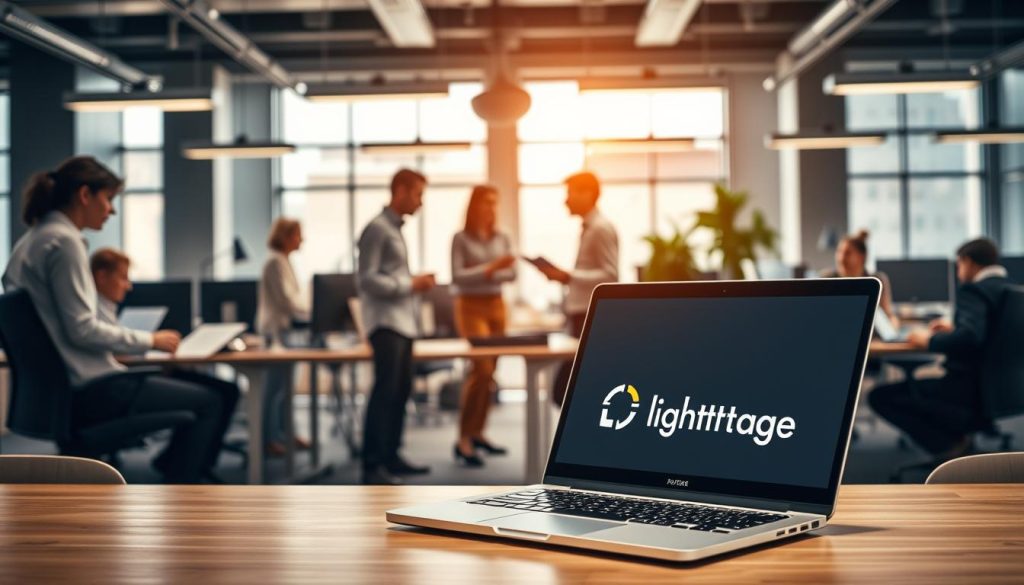A bustling office setting, with professionals engaged in productive discussions and collaborative work. In the foreground, a laptop display showcases the "Light Portage" brand, highlighting its role in enabling the smooth transition to remote and flexible work arrangements. The middle ground features individuals sharing ideas, reviewing documents, and utilizing a variety of digital tools. The background is filled with modern furniture, ergonomic workstations, and a sense of professionalism and productivity. Warm, natural lighting illuminates the scene, creating a pleasant and inviting atmosphere conducive to professional development and growth.