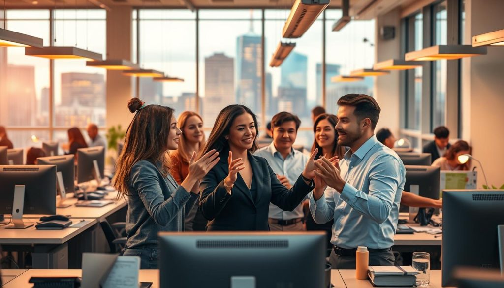 A bustling office space filled with professionals collaborating under the Umalis Group banner. Streamlined desks, minimalist decor, and a modern, efficient aesthetic set the tone. Warm lighting from overhead fixtures casts a welcoming glow, while large windows offer a view of a vibrant city skyline in the background. In the foreground, a group of employees deep in discussion, gesturing animatedly as they navigate the intricacies of the "portage salarial" system. Their expressions convey focus and expertise, reflecting the company's role as a leader in this specialized field. The overall scene captures the essence of a dynamic, forward-thinking organization facilitating the growth and success of autonomous professionals.